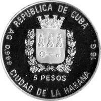 Kuba 5 Pesos 1989 - XIV. Fußball WM 1990  in Italien "Spielszeene" - Silber PP