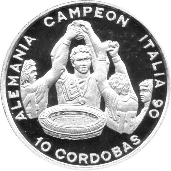 Nicaragua 10 Cordobas 1991 - XIV. Fußball WM 1990 in Italien "Weltmeister Deutschland" - Silber PP