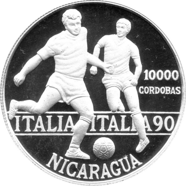 Nicaragua 10.000 Cordobas 1990 - XIV. Fußball WM 1990 in Italien "Zweikampf" - Silber PP