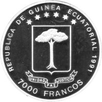 Äquatorialguinea 7.000 Francs 1991 - XIV. Fußball-WM 1990 in Italien - Silber PP