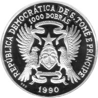 Sao Tome und Principe 1.000 Dobras 1990 - XIV. Fußball-WM 1990 in Italien "Weltmeister Deutschland" - Silber PP