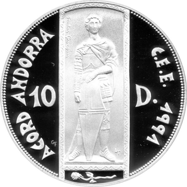 Andorra 10 Diners 1993 - Zollunion "St. Georg mit Schild" - Silber PP