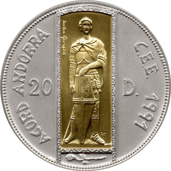 Andorra 20 Diners 1993 - Zollunion "St. Georg mit Schild" - Silber mit Goldeinlage