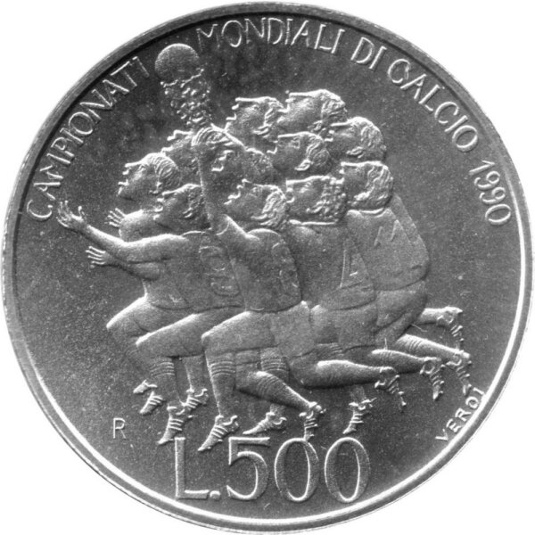 San Marino 500 Lire 1990 - XIV. Fußball-WM 1990 in Italien "Mannschaft mit Pokal" - Silber