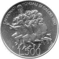 San Marino 500 Lire 1990 - XIV. Fußball-WM 1990 in Italien "Mannschaft mit Pokal" - Silber