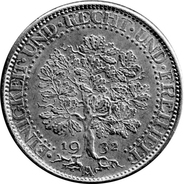 J.331 Weimarer R. 5 Mark 1932 -A- (Nachprägung 1988) "Umlaufmünze Eichbaum" - vz