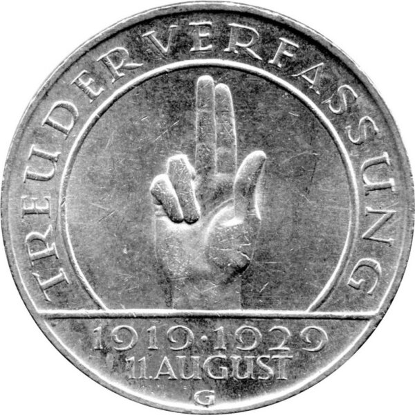 J.340 Weimarer R. 3 Mark 1929 -G- "Zum 10. Jahrestag der Reichsverfassung" - ss-vz