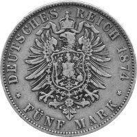 J.042 Bayern 5 Mark 1874 -D- König Ludwig II. - Silber ss