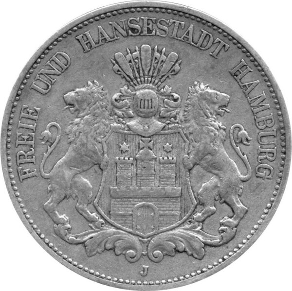 J.065 Hamburg 5 Mark 1891 -J- Stadtwappen - Silber ss