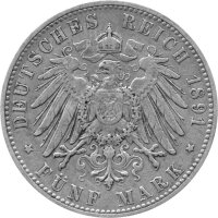 J.065 Hamburg 5 Mark 1891 -J- Stadtwappen - Silber ss