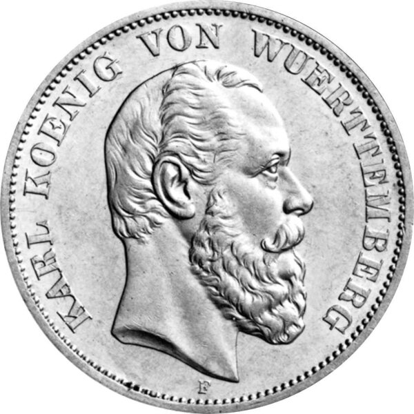 J.173 Württemberg 5 Mark 1874 - 1888 - König Karl - Silber s-ss