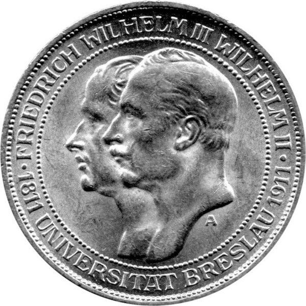 J.108 Preußen 3 Mark 1911 - 100 Jahre Universität Breslau - Silber vz