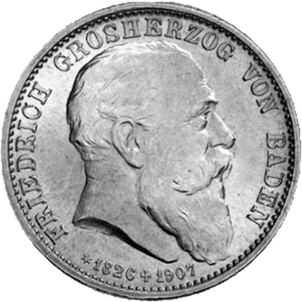 J.036 Baden 2 Mark 1907 - Auf den Tod des Großherzogs - Silber ss-vz