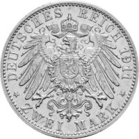J.038 Baden 2 Mark 1911 -G- Großherzog Friedrich II. - Silber ss