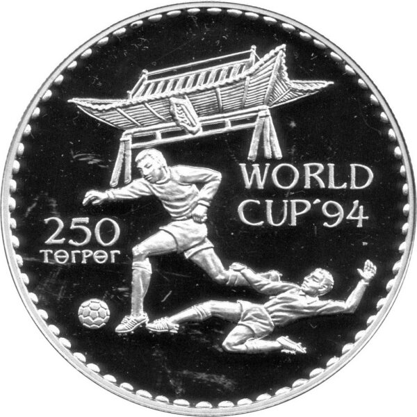 Mongolei 250 Tögrög 1994 - XV. Fußball-WM 1994 in den USA - Silber PP