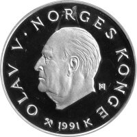 Norwegen 100 Kroner 1991 - Olav V. XVII. Olympische Winterspiele 1994 in Lillehammer - Silber PP