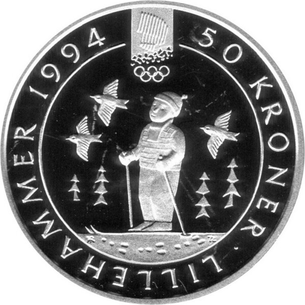 Norwegen 50 Kroner 1991 - Olav V. XVII. Olympische Winterspiele 1994 in Lillehammer - Silber PP