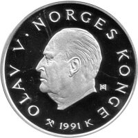 Norwegen 50 Kroner 1991 - Olav V. XVII. Olympische Winterspiele 1994 in Lillehammer - Silber PP