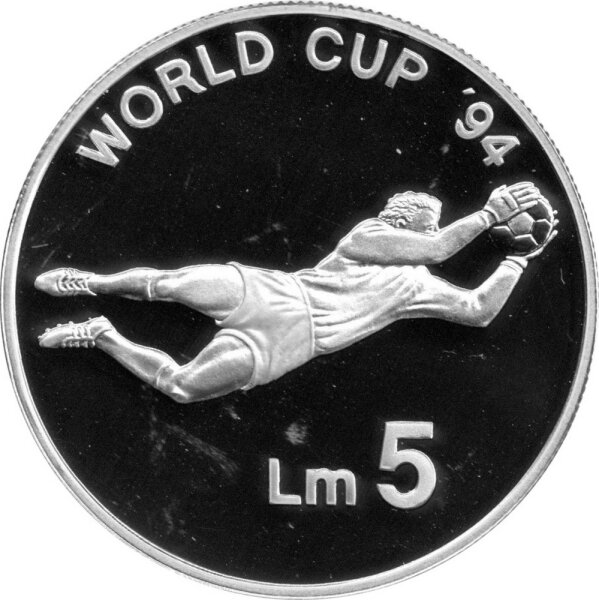 Malta 5 Lira 1993 - XV. Fußball-WM 1994 in den USA "Torhüter" - Silber PP