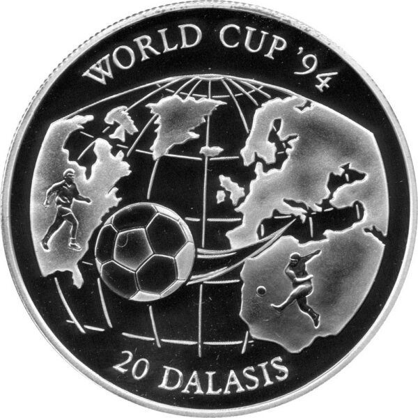 Gambia 20 Dalasis 1994 - XV. Fußball-WM 1994 in den USA "Weltkarte und Ball" - Silber PP