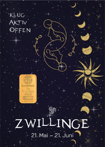 Geschenkbarren "Sternzeichen Zwillinge" - 2 Gramm Goldbarren