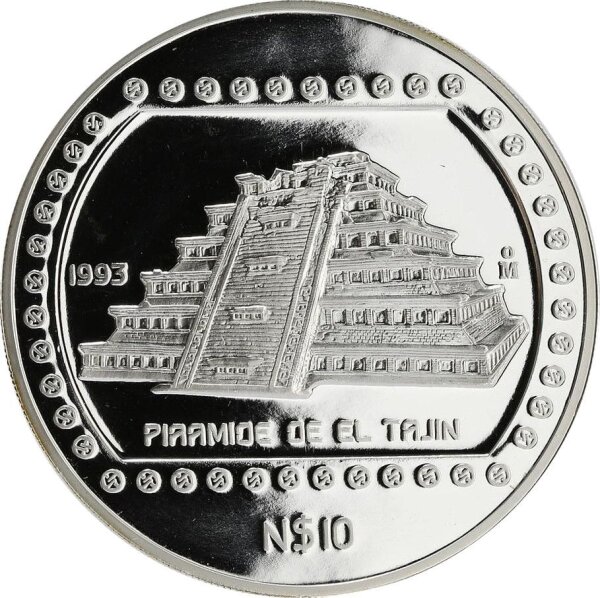 Mexiko 10 Pesos 1993 Pyramide von Tajin 5 oz Silber - Polierte Platte