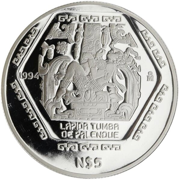 Mexiko 5 Pesos 1994 - Lápida Tumba de Palenque - 1 oz Silber PP