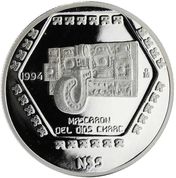 Mexiko 5 Pesos 1994 - Mascaron Del Dios Chaac - 1 oz Silber PP