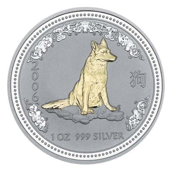 Australien Lunar I 2006 Jahr des Hundes 1 oz Silber Teilvergoldet