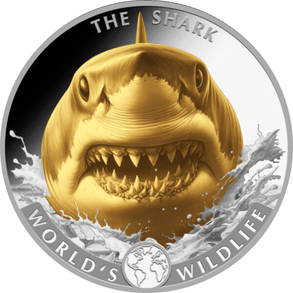 Kongo World´s Wildlife 8. Ausgabe 2026 Hai 1 oz Silber - Teilvergoldet