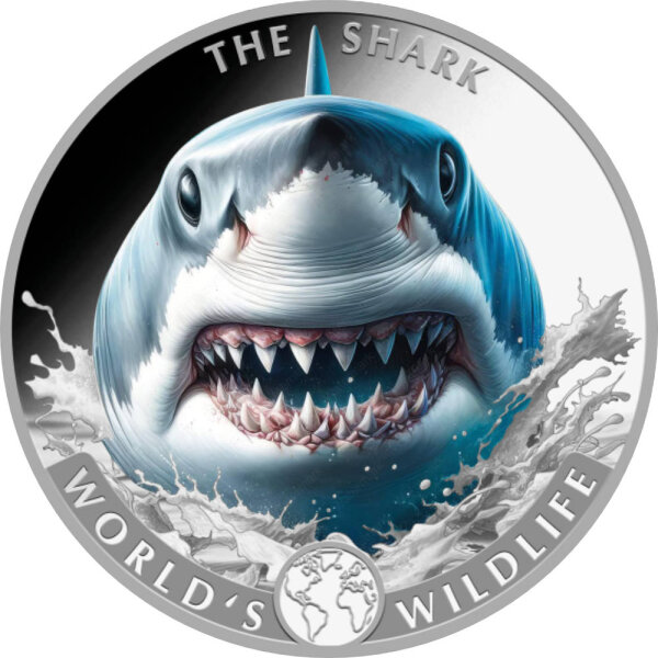 Kongo World´s Wildlife 8. Ausgabe 2026 Hai 1 oz Silber - Coloriert