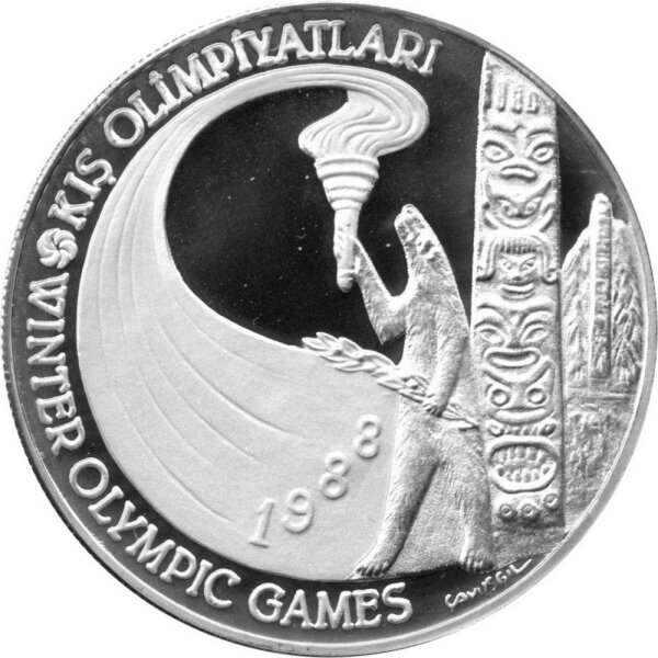 Türkei 10.000 Lira 1988 - XV. Olympische Winterspiele 1988 in Calgary "Bär mit Fackel" - Silber PP