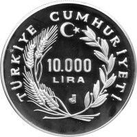 Türkei 10.000 Lira 1988 - XV. Olympische Winterspiele 1988 in Calgary "Bär mit Fackel" - Silber PP