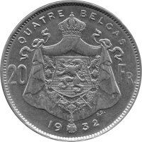 Belgien 20 Francs / 4 Belgas 1932 - König Albert I. - Nickel