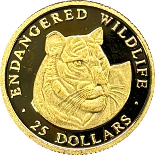 Cook Islands 25 Dollars 1997 - Bedrohte Tierwelt Tiger 1/25 oz Gold - Polierte Platte