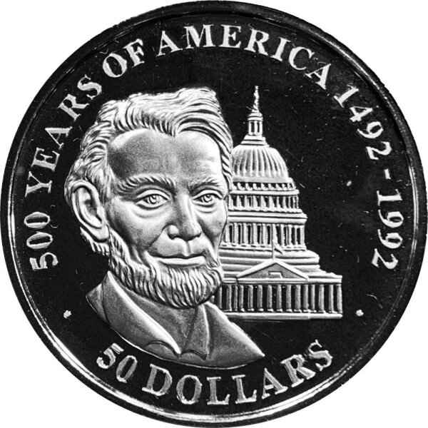 Cook Islands 50 Dollars 1991 - 500 Jahre Entdeckung Amerikas "Abraham Lincoln vor dem Kapitol in Washington" - Silber PP