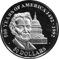 Cook Islands 50 Dollars 1991 - 500 Jahre Entdeckung Amerikas "Abraham Lincoln vor dem Kapitol in Washington" - Silber PP