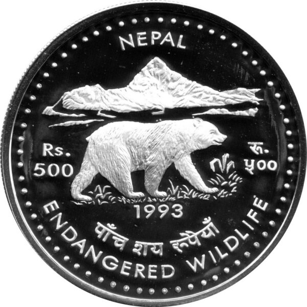 Nepal 500 Rupien 1993 - Bedrohte Tierwelt "Himalaya-Schwarzbär" - Silber PP