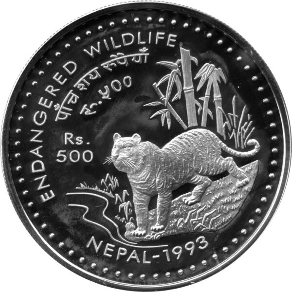 Nepal 500 Rupien 1993 - Bedrohte Tierwelt "Tiger" - Silber PP