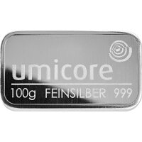 100 Gramm Silberbarren Umicore | Neuware