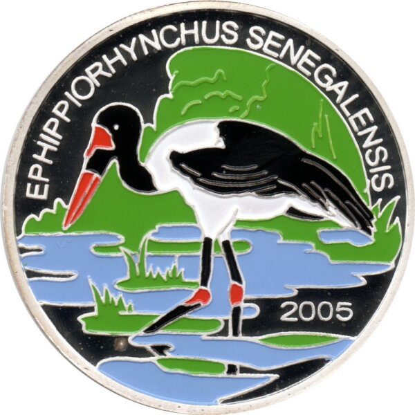 Benin 1.000 Francs 2005 - Gefährdete Tierwelt "Sattelstorch" - Silber PP teilcoloriert