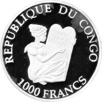 Kongo 1.000 Francs 2005 - Gorilla - Silber PP teilcoloriert