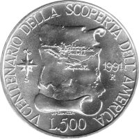 Italien 500 Lire 1991 - 500 Jahre Entdeckung Amerikas - Silber