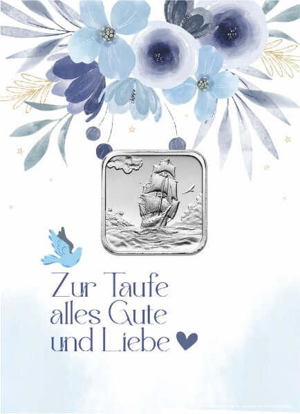 Geschenkbarren - 7,775 Gramm (1/4 oz) Münzbarren H&M Ascension Island Segelschiff - Zur Taufe Blau