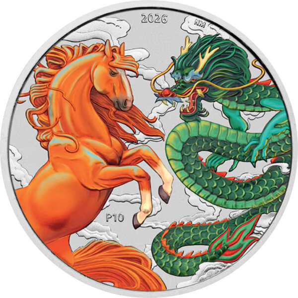 Australien Chinese Myths and Legends 2026 Dragon and Horse 1 oz Silber | Chinesische Mythen und Legenden - Fire and Earth coloriert