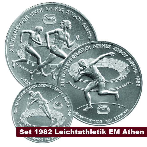 SET Griechenland 100, 250 und 500 Drachmen 1982 - Pan-Europäische Spiele - Silber