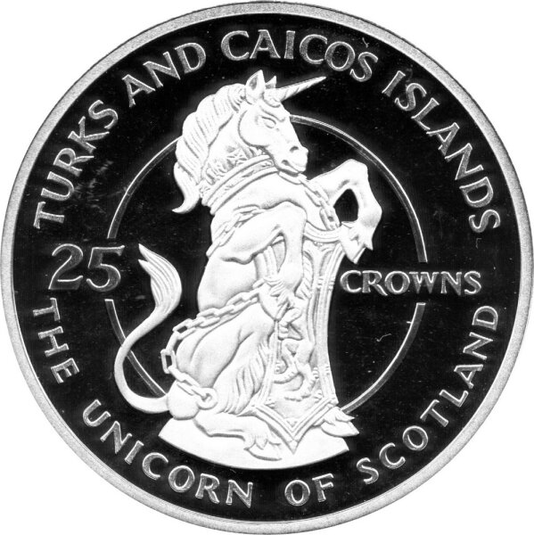 Turks & Caicos 25 Crowns 1978 - 25. Jahrestag der Krönung von Kömigin Elisabeth II. "Einhorn von Schottland" - Silber PP