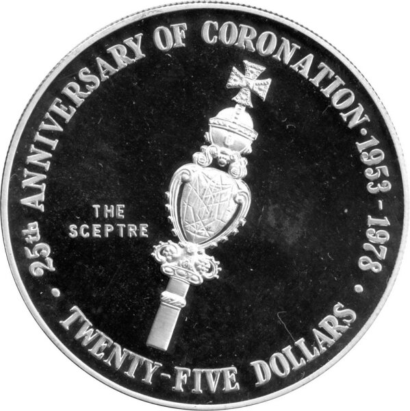 Cayman Inseln 25 Dollars 1978 - 25. Jahrestag der Krönung von Königin Elisabeth II. "The Sceptre" - Silber PP