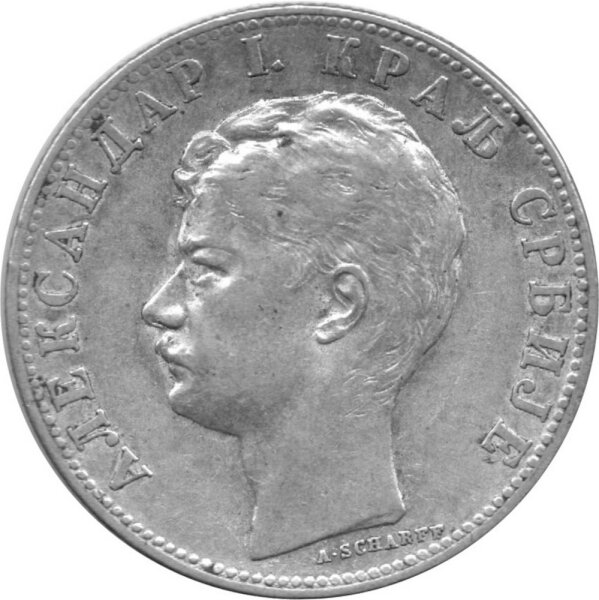 Serbien 2 Dinar 1897 - König Aleksandar I - Umlaufmünze - Silber