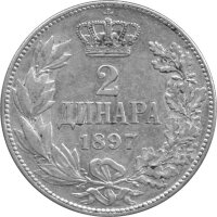 Serbien 2 Dinar 1897 - König Aleksandar I - Umlaufmünze - Silber